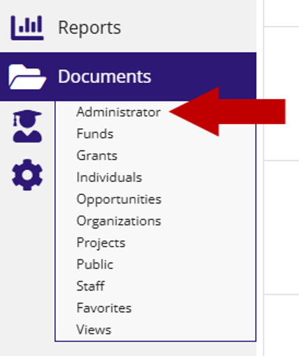 Left navigation menu with Documents section list, arrow pointing at the Administrator section item