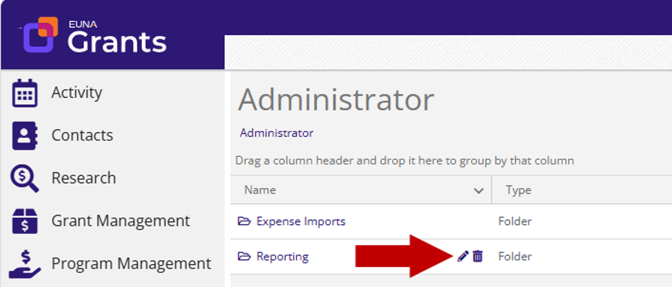Administrator folder list, arrow pointing at the Edit icon next to the Reporting folder