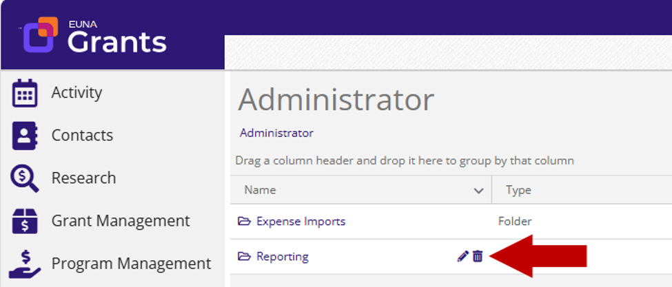 Administrator folder list, arrow pointing at the Delete icon next to the Reporting folder