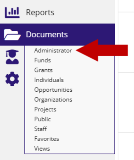 Left navigation menu with Documents section list, arrow pointing at the Administrator section item