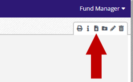 Options toolbar with icons for print, info, upload, folder, edit, and delete, with an arrow pointing at the upload documents icon