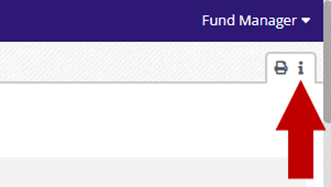 Arrow pointing at the Help and Support icon in the options toolbar, next to the print icon and the Fund Manager dropdown.