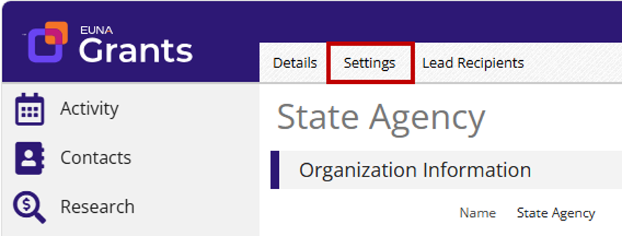 Arrow pointing at the Settings tab in the License Information page, next to Details and Lead Recipients