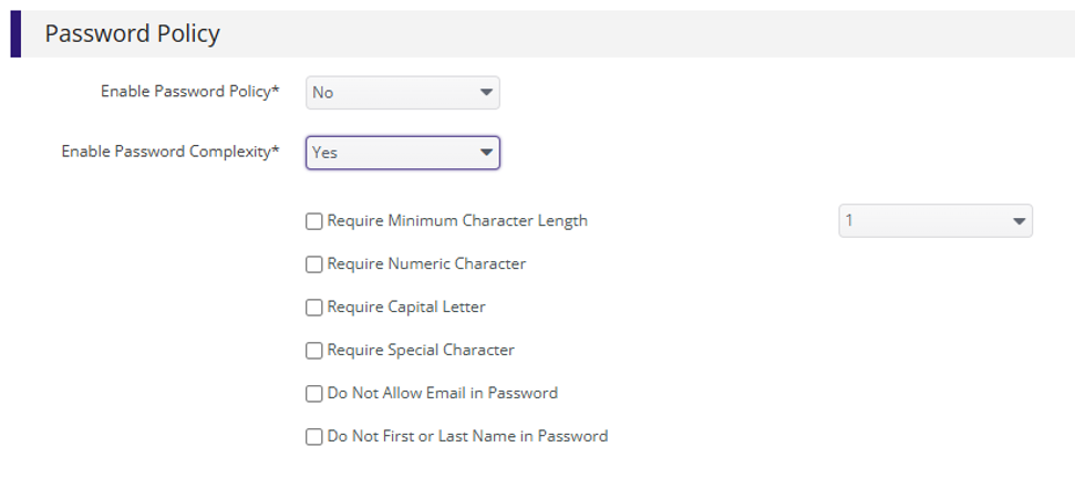 Password Policy section with Enable Password Policy set to No and Enable Password Complexity set to Yes, showing unchecked options for Require Minimum Character Length, Require Numeric Character, Require Capital Letter, Require Special Character, Do Not Allow Email in Password, and Do Not First or Last Name in Password