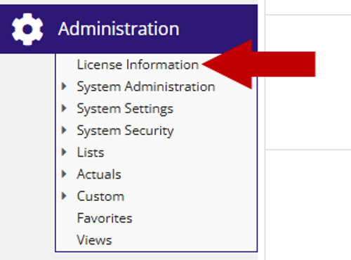 Arrow pointing at License Information in the Administration menu