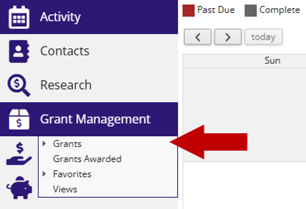 Arrow pointing at Grants under the Grant Management menu.