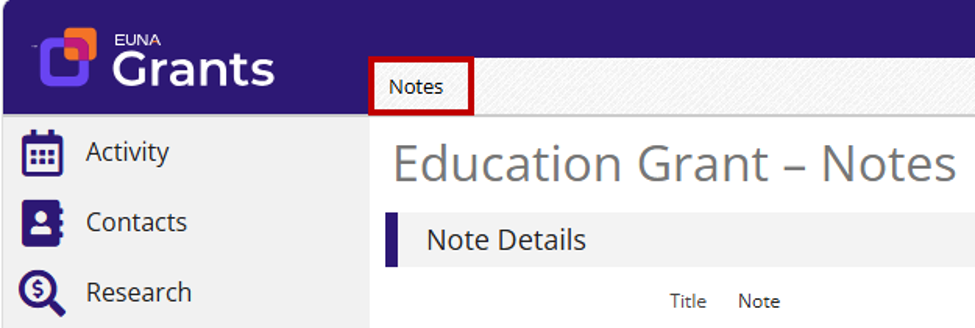 Notes tab at the top of the Note Details page.
