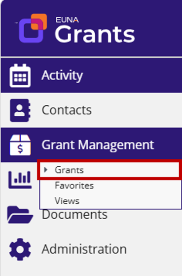 Euna Grants left navigation menu with Grant Management section expanded and the Grants menu item highlighted.