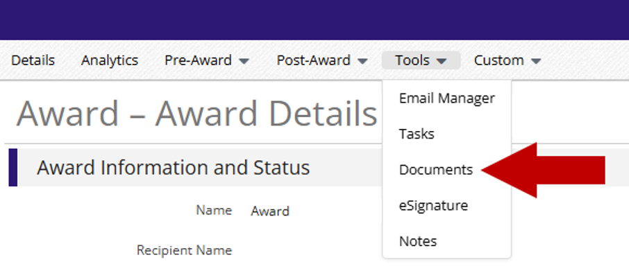 Award Details page with the Tools menu open, showing an arrow pointing to the Documents option.