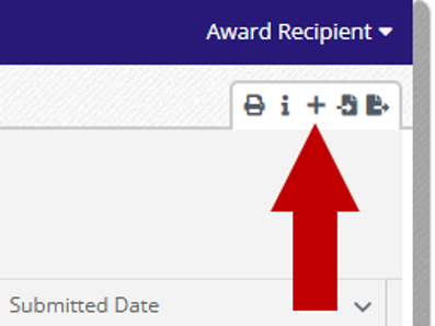Options toolbar on the Award Recipient page with an arrow pointing to the Create (+) icon.