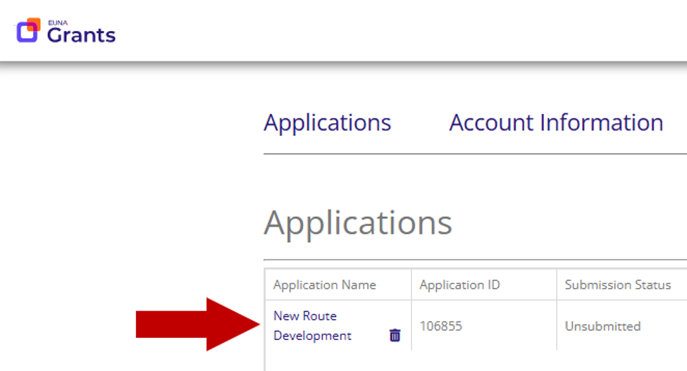 Applications page in Euna Grants showing the Applications list, with an arrow pointing to the application name link (New Route Development) that is clicked to open the Opportunity Details page.