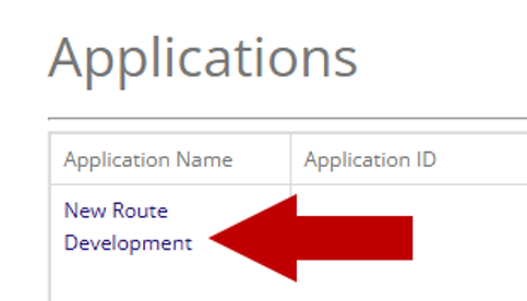 Applications page listing an application named New Route Development, with an arrow pointing to the application name link.