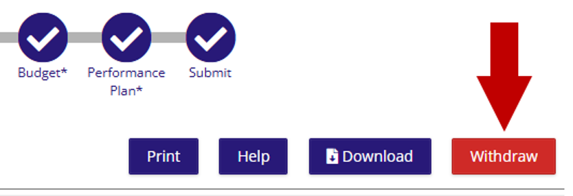 Opportunity Details page with Budget, Performance Plan, and Submit steps completed, and an arrow pointing to the Withdraw button.