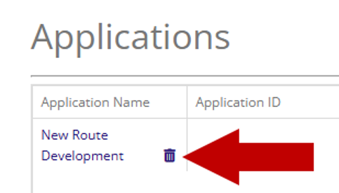 Applications page listing an application named New Route Development, with an arrow pointing to the delete (trash) icon beside it.