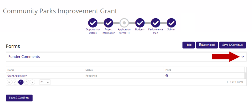 Screenshot of the Community Parks Improvement Grant application page with the Application Forms status showing Reopened and an arrow pointing to the down arrow that expands the Funder Comments section.