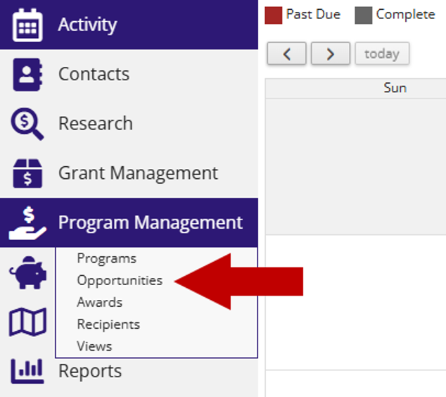 Left navigation menu with Program Management expanded, arrow pointing to the Opportunities link under Program Management.