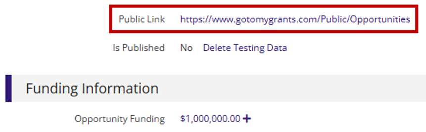 Opportunity Information section highlighting the Public Link field, showing a sample URL to the Applicant Portal opportunity.