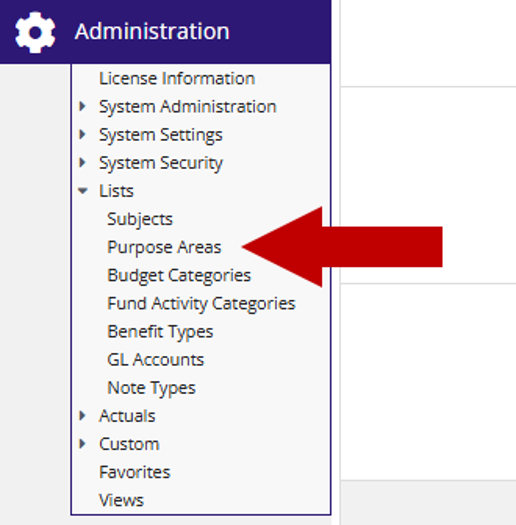 Administration Lists menu expanded, with an arrow pointing to the Purpose Areas option.