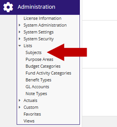 Administration menu with Lists expanded, showing Subjects highlighted.