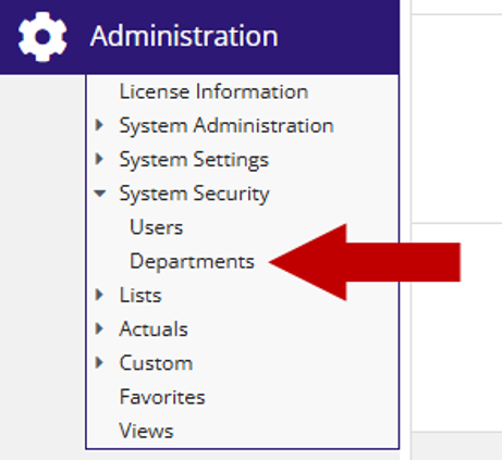 Administration menu with System Security expanded, showing Departments highlighted.
