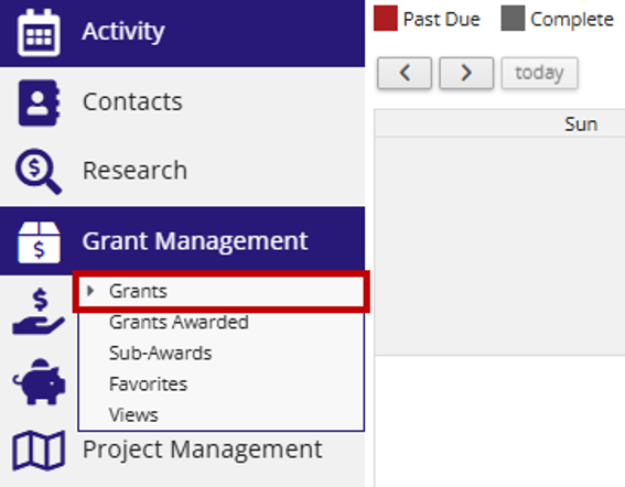 Euna Grants navigation menu with Grant Management expanded, highlighting the Grants option.