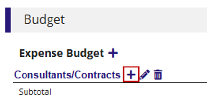Euna Grants budget form for the Consultants/Contracts expense category, highlighting the plus icon used to add a new line item.