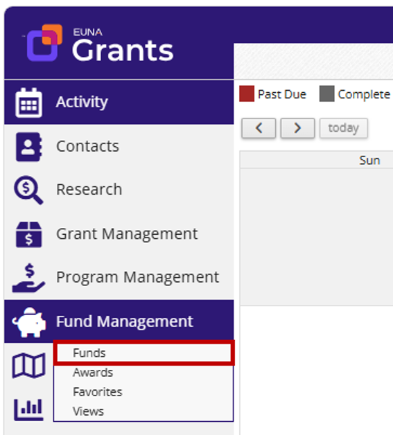 Euna Grants navigation menu with Fund Management expanded and Funds outlined in red.