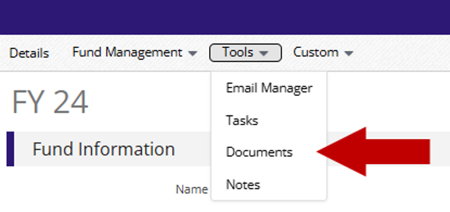 Tools menu open on the Fund Details page with Documents highlighted by a red arrow.