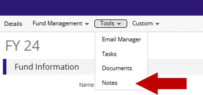 Tools menu open on the Fund Details page with Notes highlighted by a red arrow.
