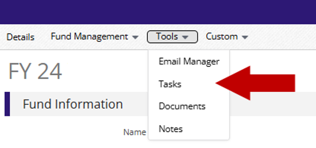Tools menu open on the Fund Details page with Tasks highlighted by a red arrow.