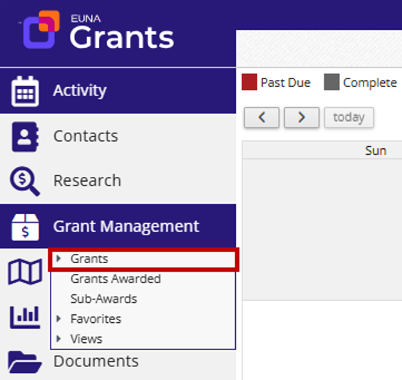 Euna Grants navigation sidebar with Grant Management menu expanded and Grants option highlighted.