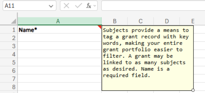 Excel template row showing a column header with a red asterisk marking a required field, and a cell with a red triangle indicator showing a hover instruction comment.