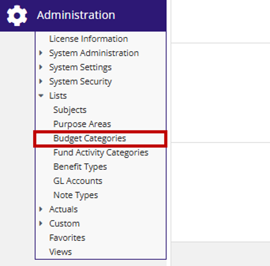 Administration navigation menu with Lists expanded and Budget Categories option highlighted.