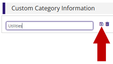 Custom Category Information panel showing the Name field with the save icon indicated by an arrow.