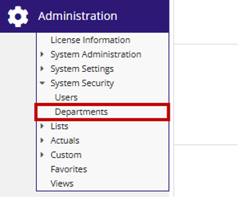 Administration menu expanded, showing the System Security submenu with the Departments menu item highlighted.