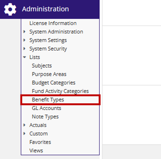 Administration menu with Lists submenu expanded, showing Benefit Types highlighted in the list of options.