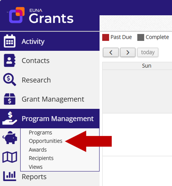 Euna Grants navigation menu with Program Management expanded, arrow pointing to Opportunities.