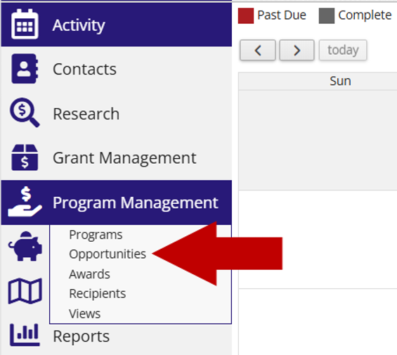 Screenshot of the Program Management navigation menu expanded, showing Programs, Opportunities, Awards, Recipients, and Views, with a red arrow pointing to the Awards menu item.