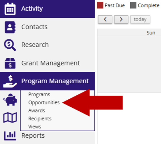 Screenshot of the left navigation menu with Program Management expanded, showing an arrow pointing to Opportunities.